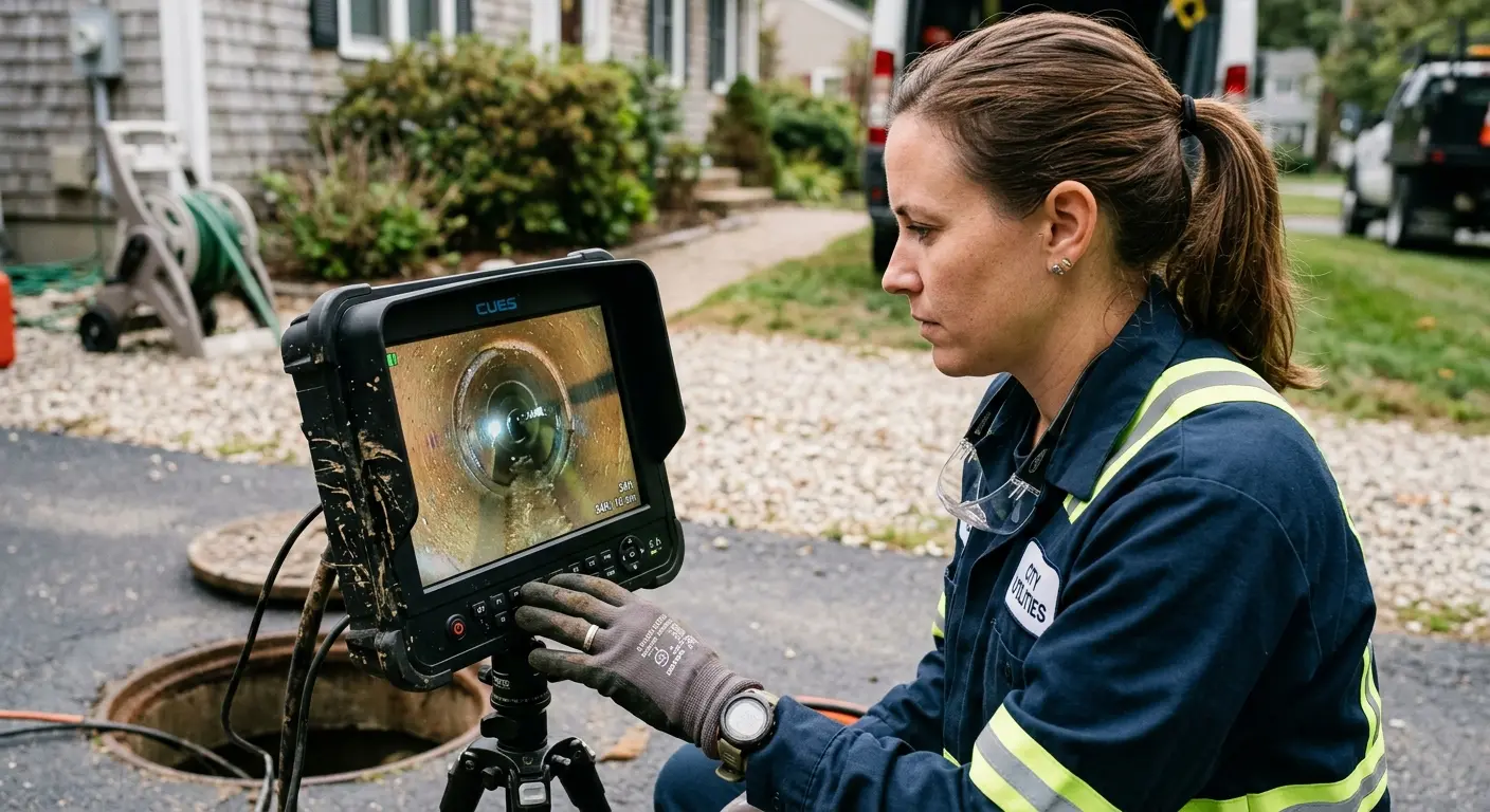Technician reviewing sewer camera inspection footage in Lakehills