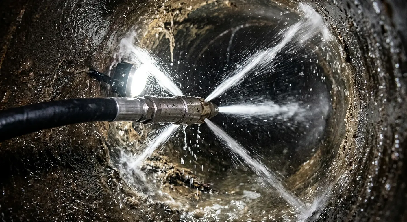 High-pressure hydro jetting nozzle cleaning sewer pipe for Emergency Drain Service in Lakehills