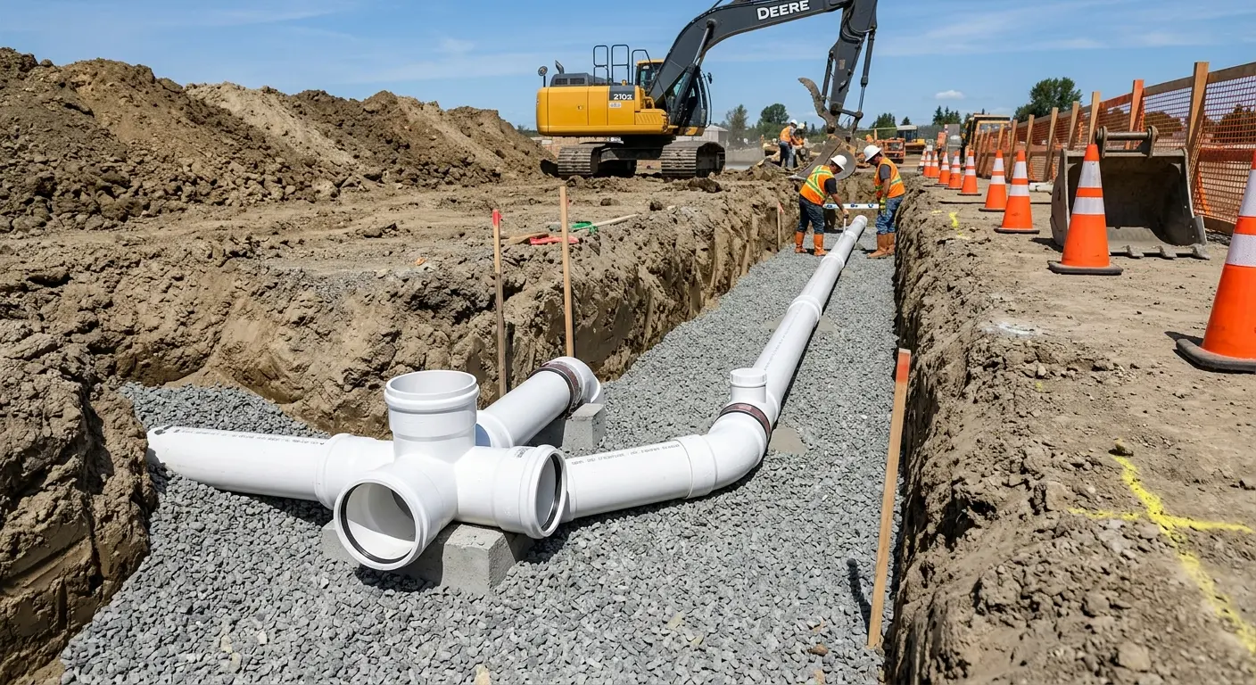New PVC sewer pipe installation in open trench for Sewer Backup in Lakehills