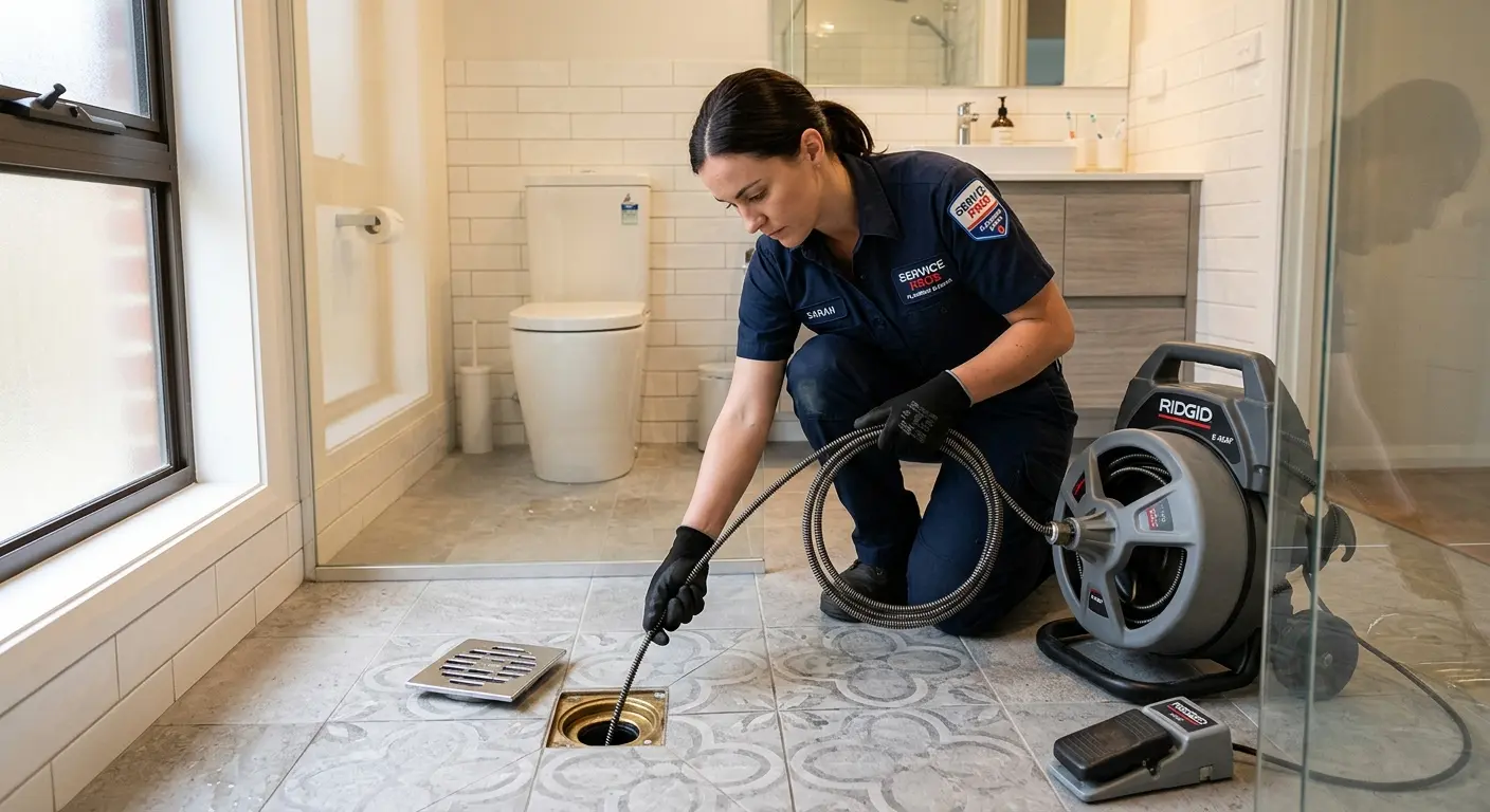 Technician clearing a bathroom floor drain for Drain Cleaning in Lakehills